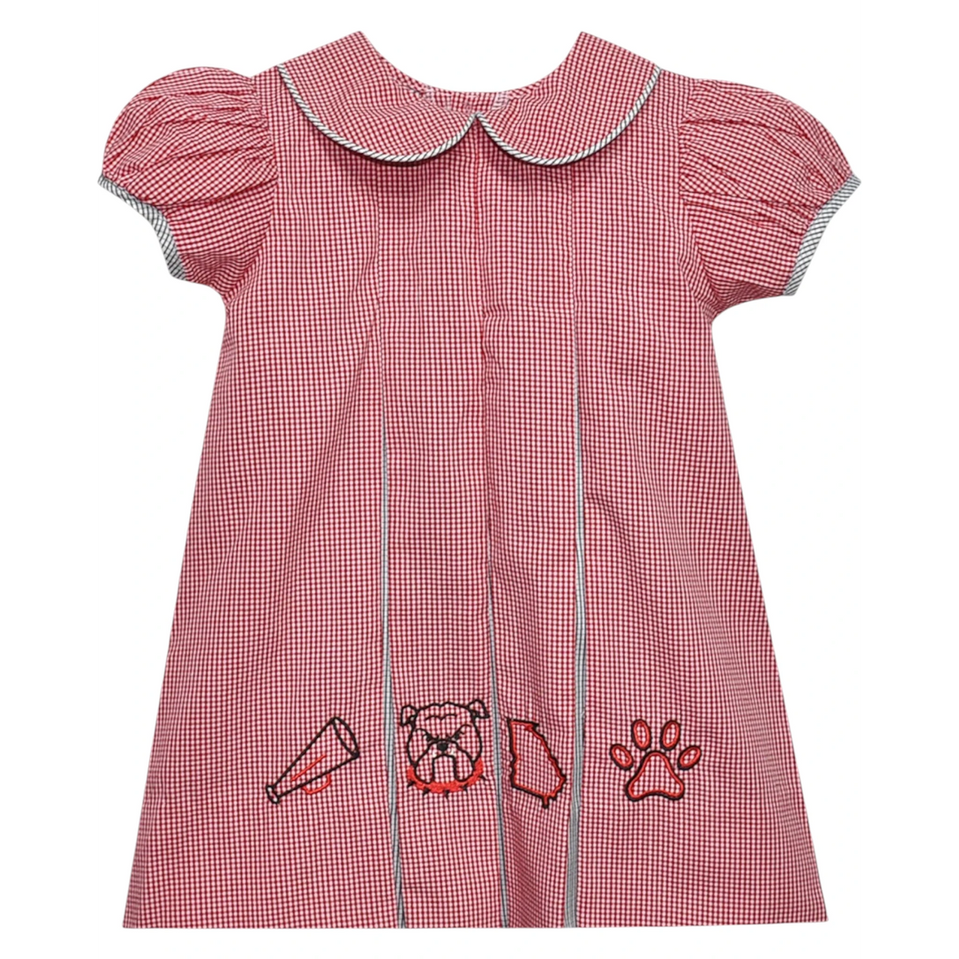 That Store red gingham pleated dress with bulldog, megaphone, and paw print embroidery for little girls