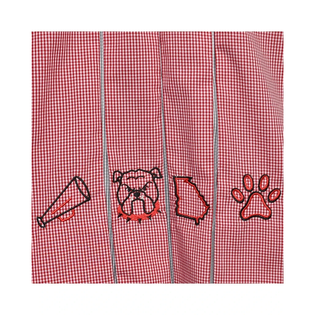 That Store red gingham pleated fabric with embroidered megaphone, bulldog, Georgia state, and paw print motifs.