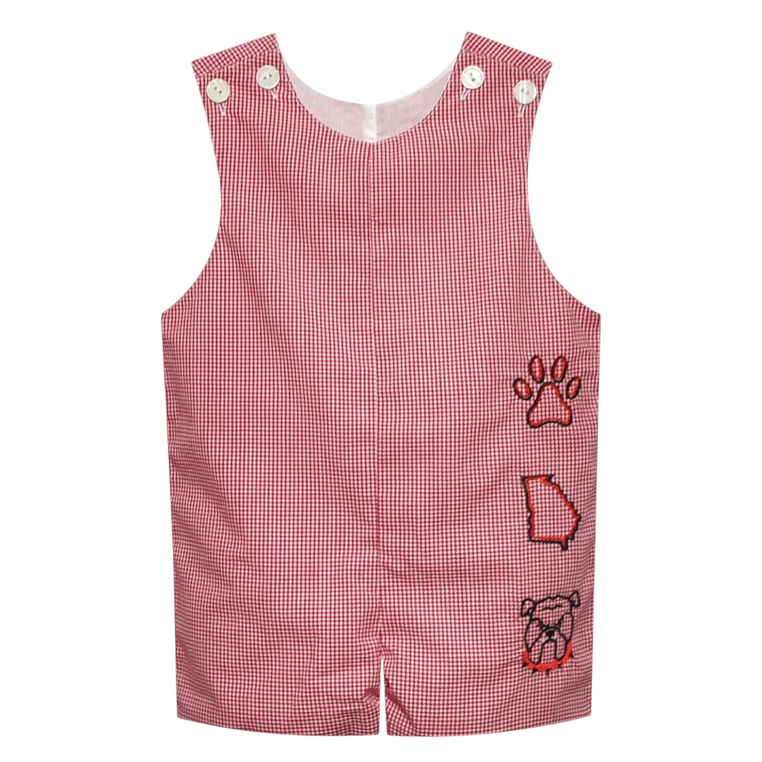 That Store boys red gingham jon jon with bulldog, state, and paw print embroidery, featuring button shoulder straps.