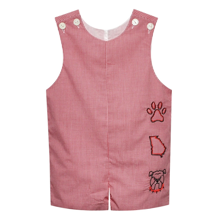 That Store boys red gingham jon jon with bulldog, state, and paw print embroidery, featuring button shoulder straps.