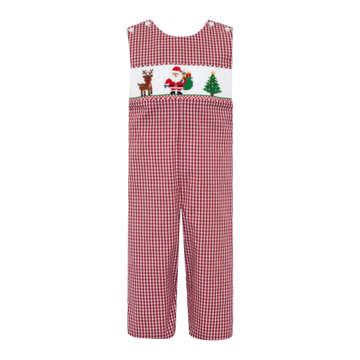 That Store red gingham boys long jon jon featuring traditional smocking with a Santa, reindeer, and Christmas tree.