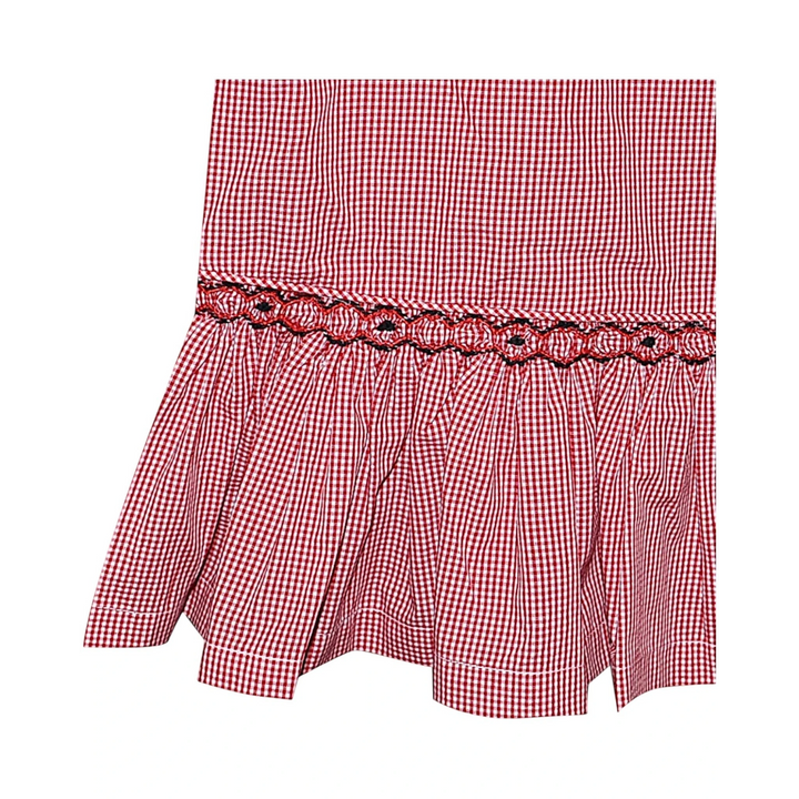 That Store Bulldawg red and white gingham drop waist dress with black and red geometric smocking detail
