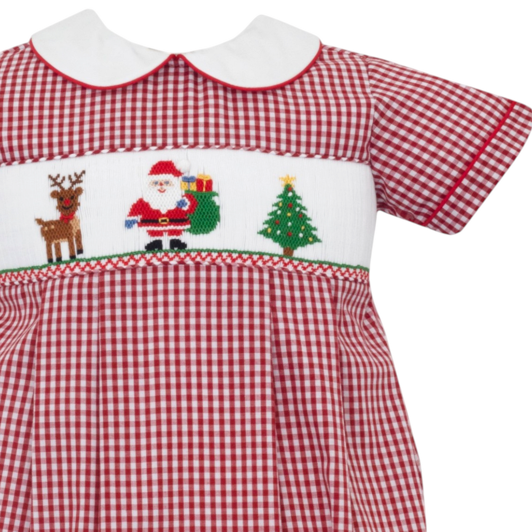 That Store boys bubble in red gingham with a white collar and smocked Santa, reindeer, and Christmas tree design.