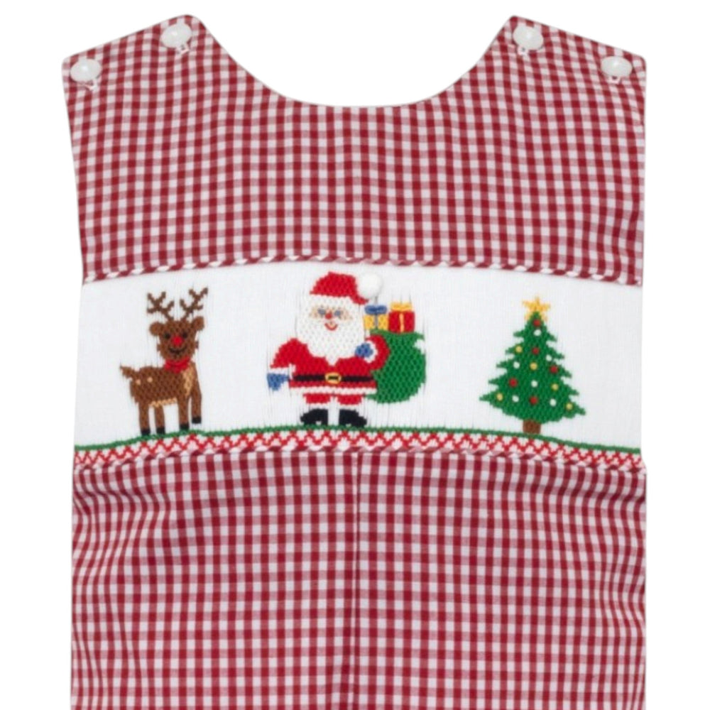 That Store boys long jon jon in red gingham featuring a smocked Santa, reindeer, and Christmas tree design.