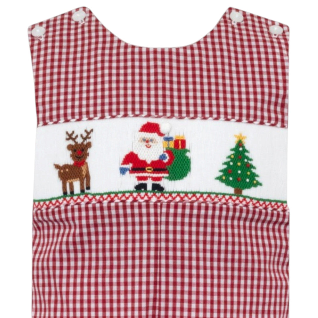 That Store boys long jon jon in red gingham featuring a smocked Santa, reindeer, and Christmas tree design.