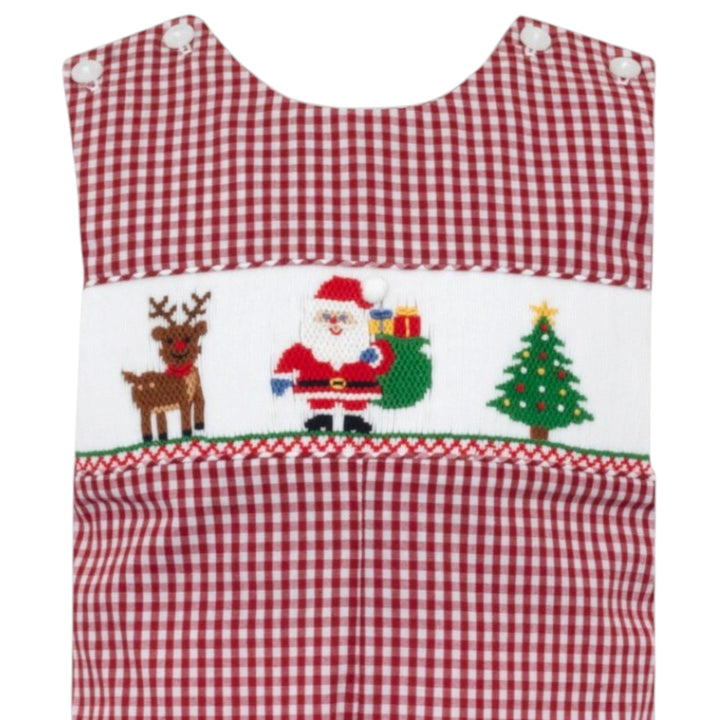 That Store boys long jon jon in red gingham featuring a smocked Santa, reindeer, and Christmas tree design.