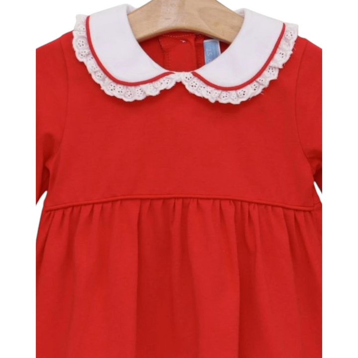 That Store Eleanor girls red cotton bloomer set with a white lace-trimmed Peter Pan collar.