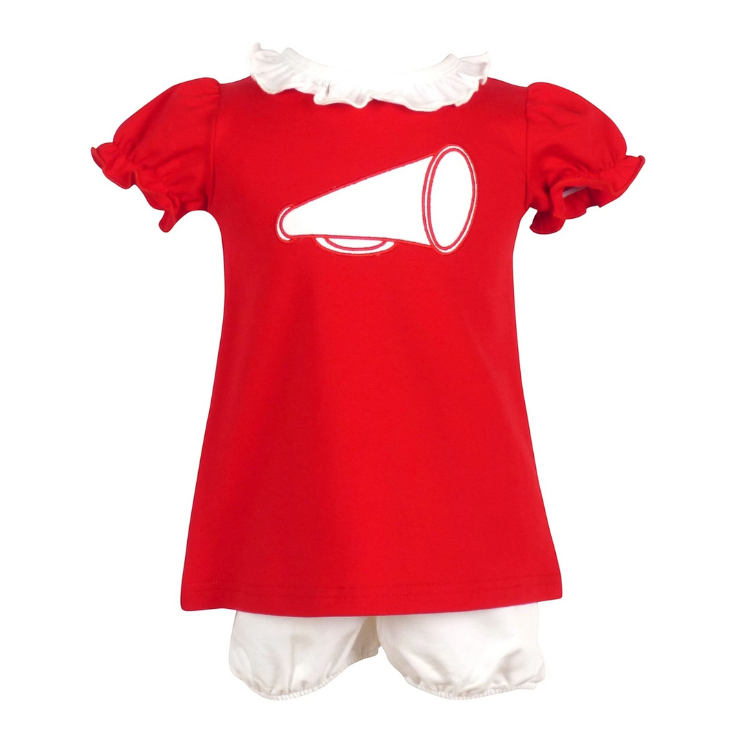 That Store red cotton blend girls bloomer set featuring a white megaphone applique and ruffled collar detail