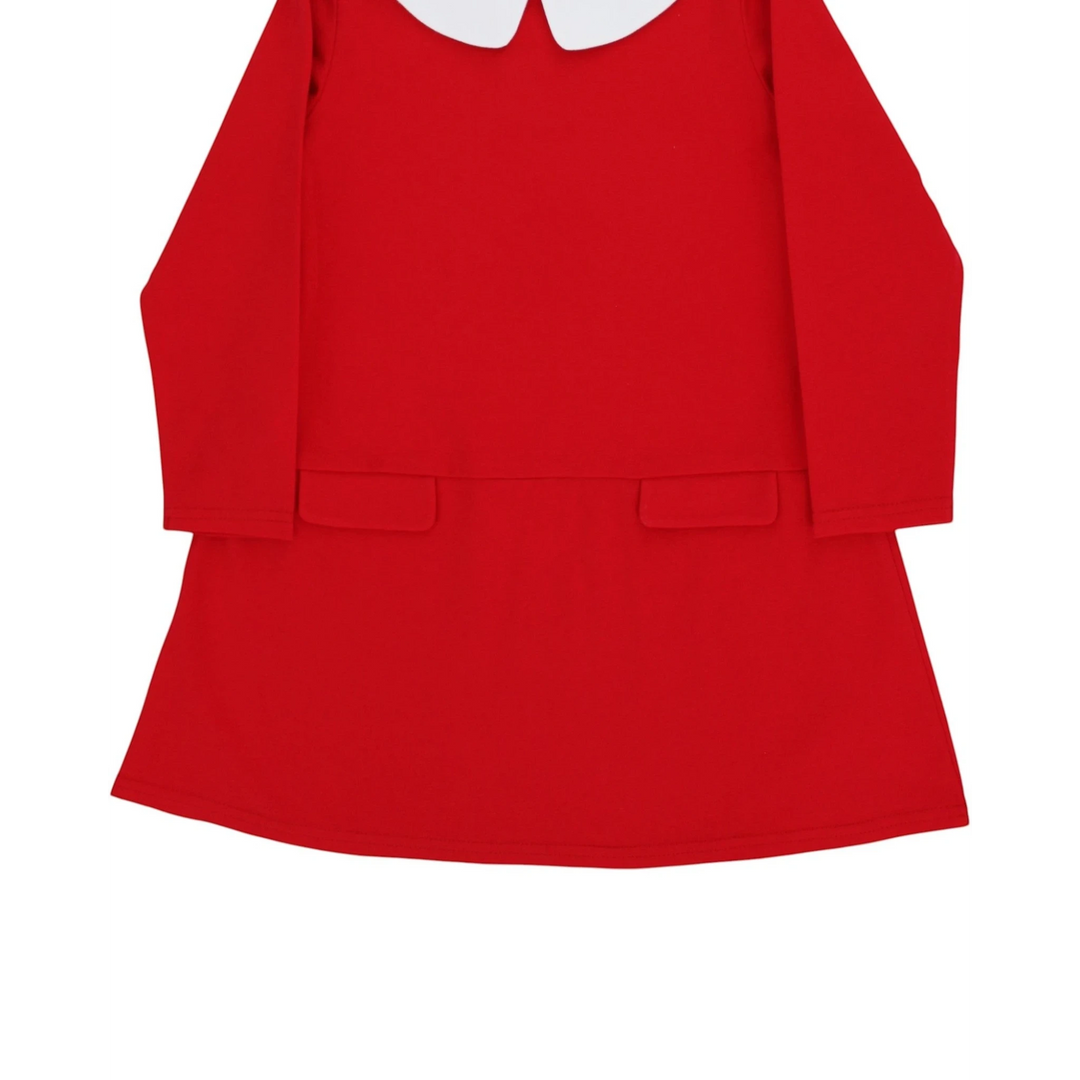 That Store red knit dress for girls with a white Peter Pan collar and front pockets, made from cotton blend fabric.