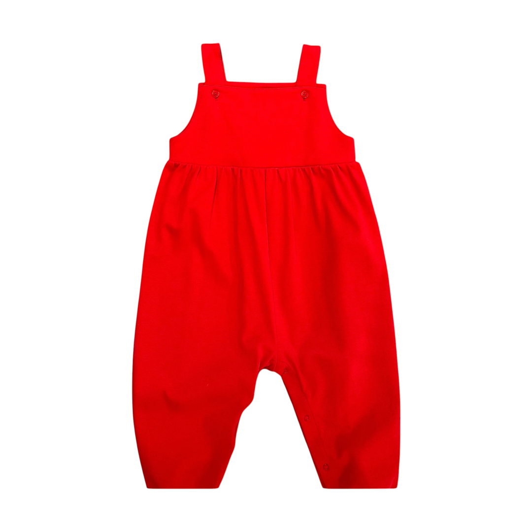 That Store red Pima cotton knit longall for baby boys with button straps and snap closures for easy dressing.