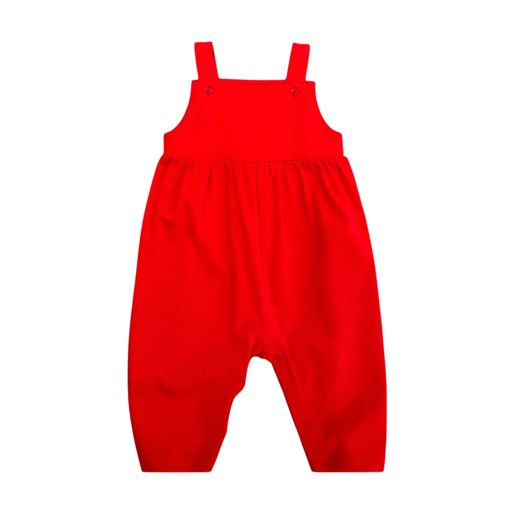 That Store red Pima cotton knit longall for baby boys with button straps and snap closures for easy dressing.