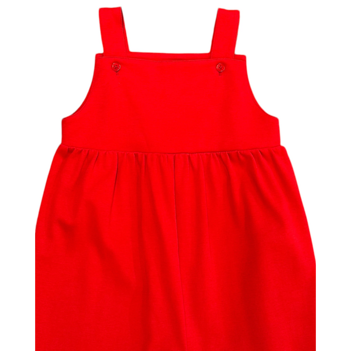That Store red Pima cotton knit longall for boys with button shoulder straps, perfect for festive holiday wear.