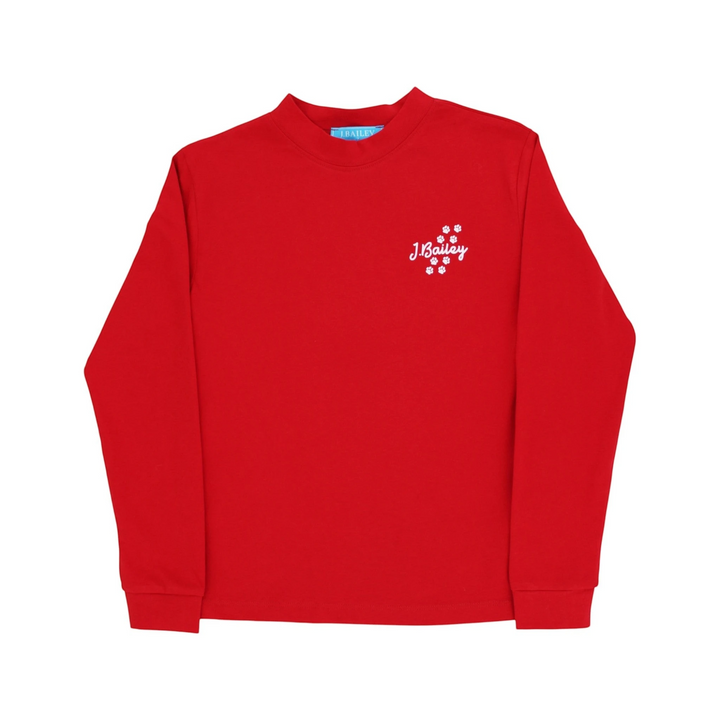 That Store red long sleeve cotton tee for boys with white J.Bailey logo and paw print detail on the chest