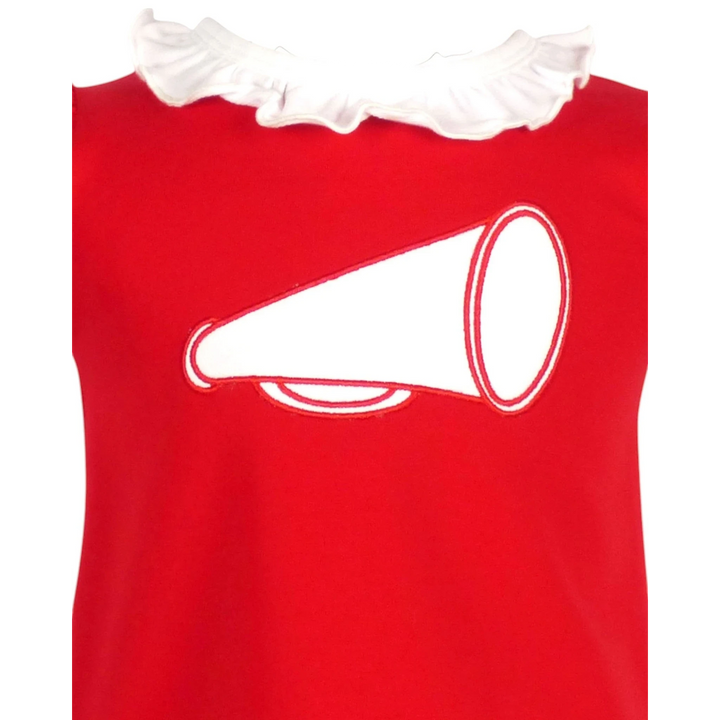 That Store red cotton girls bloomer set featuring a white megaphone applique and a ruffled white collar