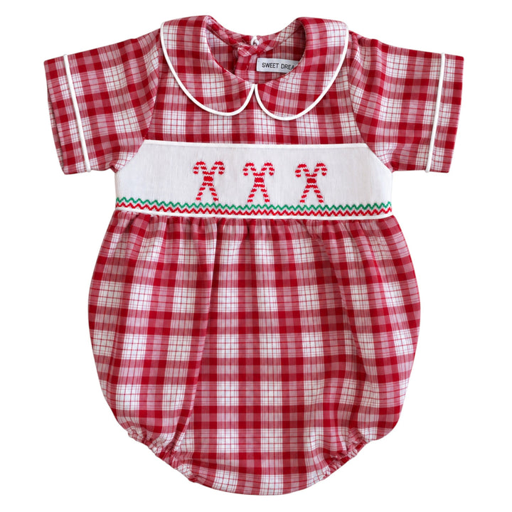 That Store boys red plaid bubble romper featuring white peter pan collar and festive candy cane smocking detail
