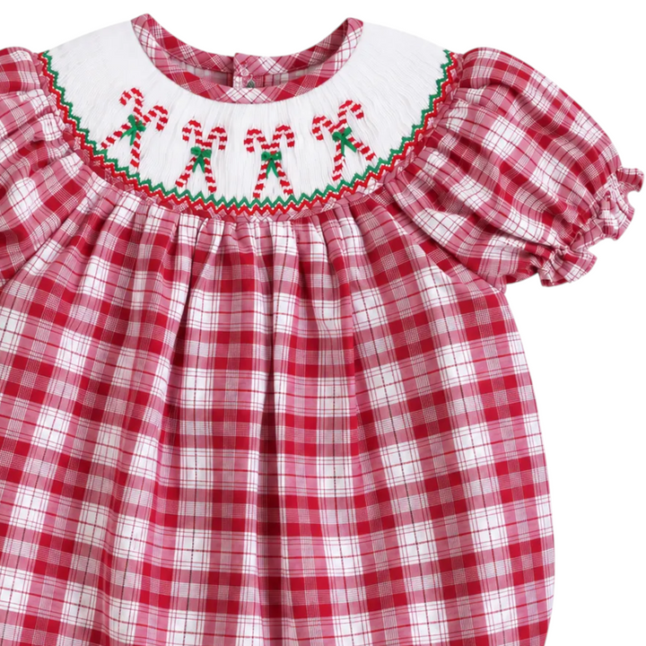That Store girls red plaid cotton bubble with white smocked collar featuring embroidered candy cane holiday details