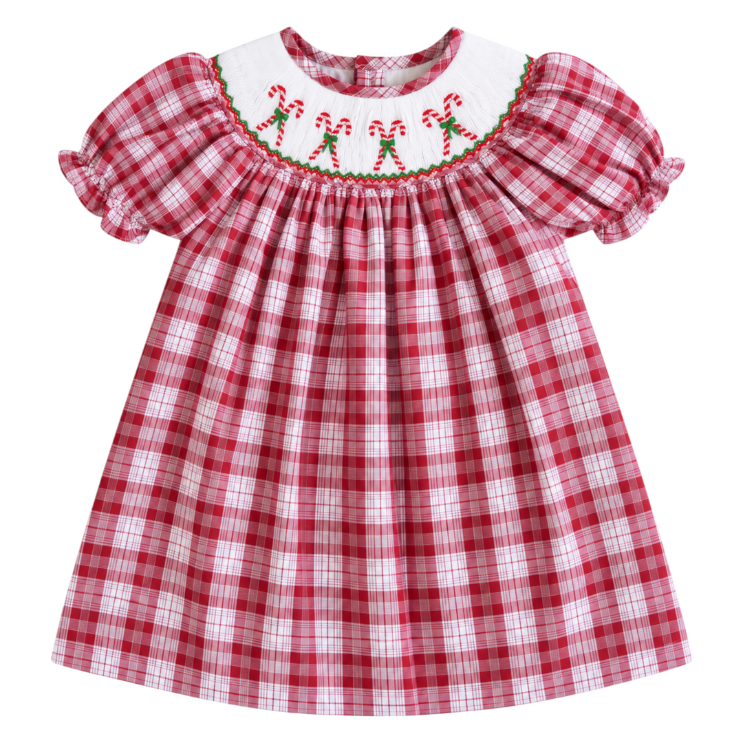 That Store girls red plaid cotton dress with white collar and festive candy cane smocking for Christmas holiday wear