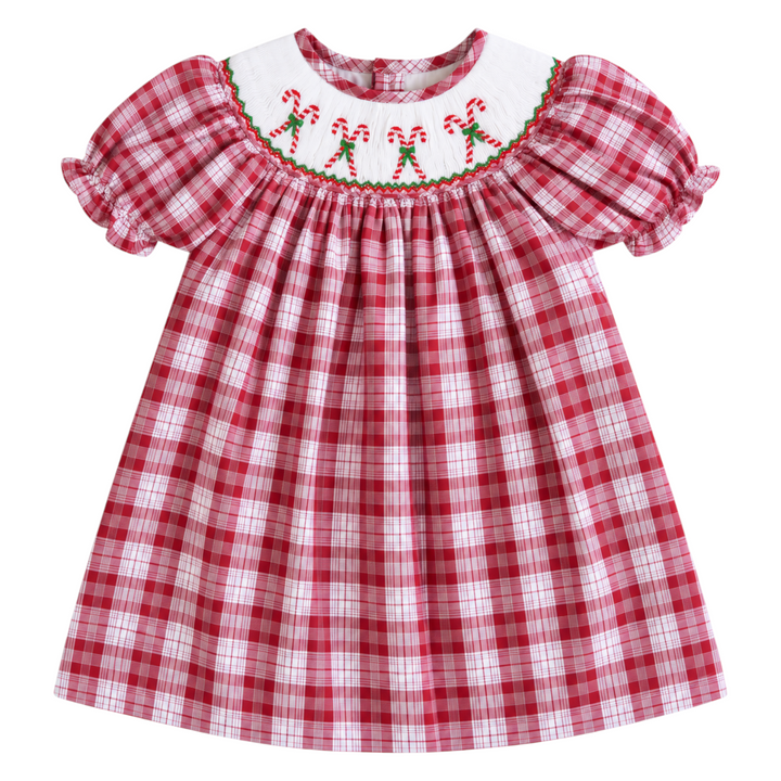 That Store girls red plaid cotton dress with white collar and festive candy cane smocking for Christmas holiday wear