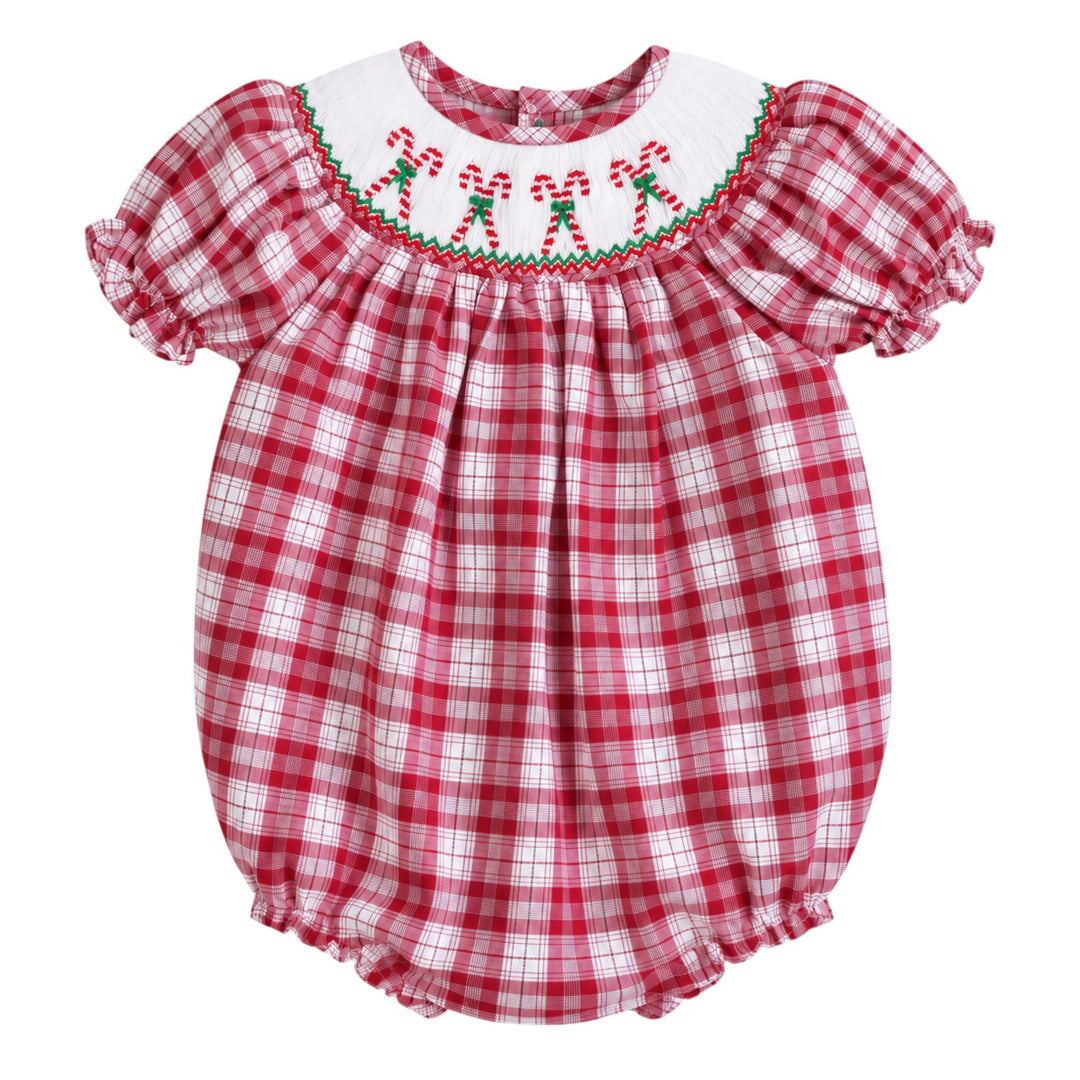 That Store red plaid girls bubble with white collar and festive candy cane smocking in 100% cotton