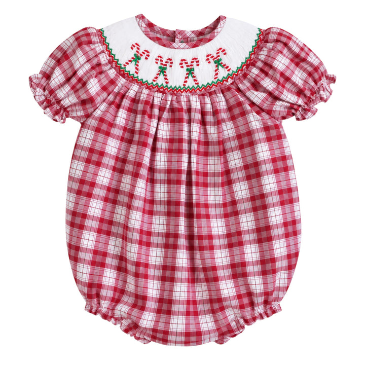 That Store red plaid girls bubble with white collar and festive candy cane smocking in 100% cotton