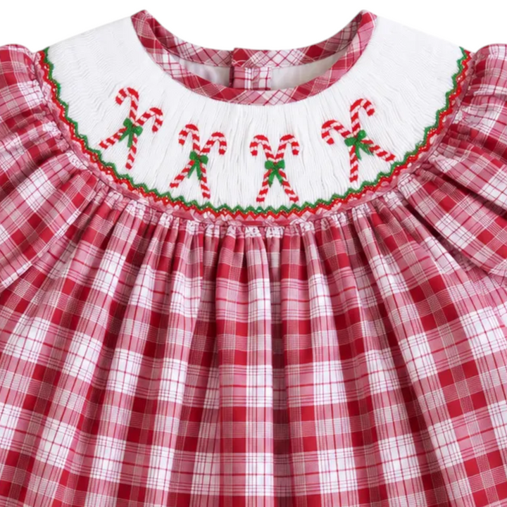 That Store girls red plaid cotton dress featuring white collar with festive candy cane smocking for Christmas