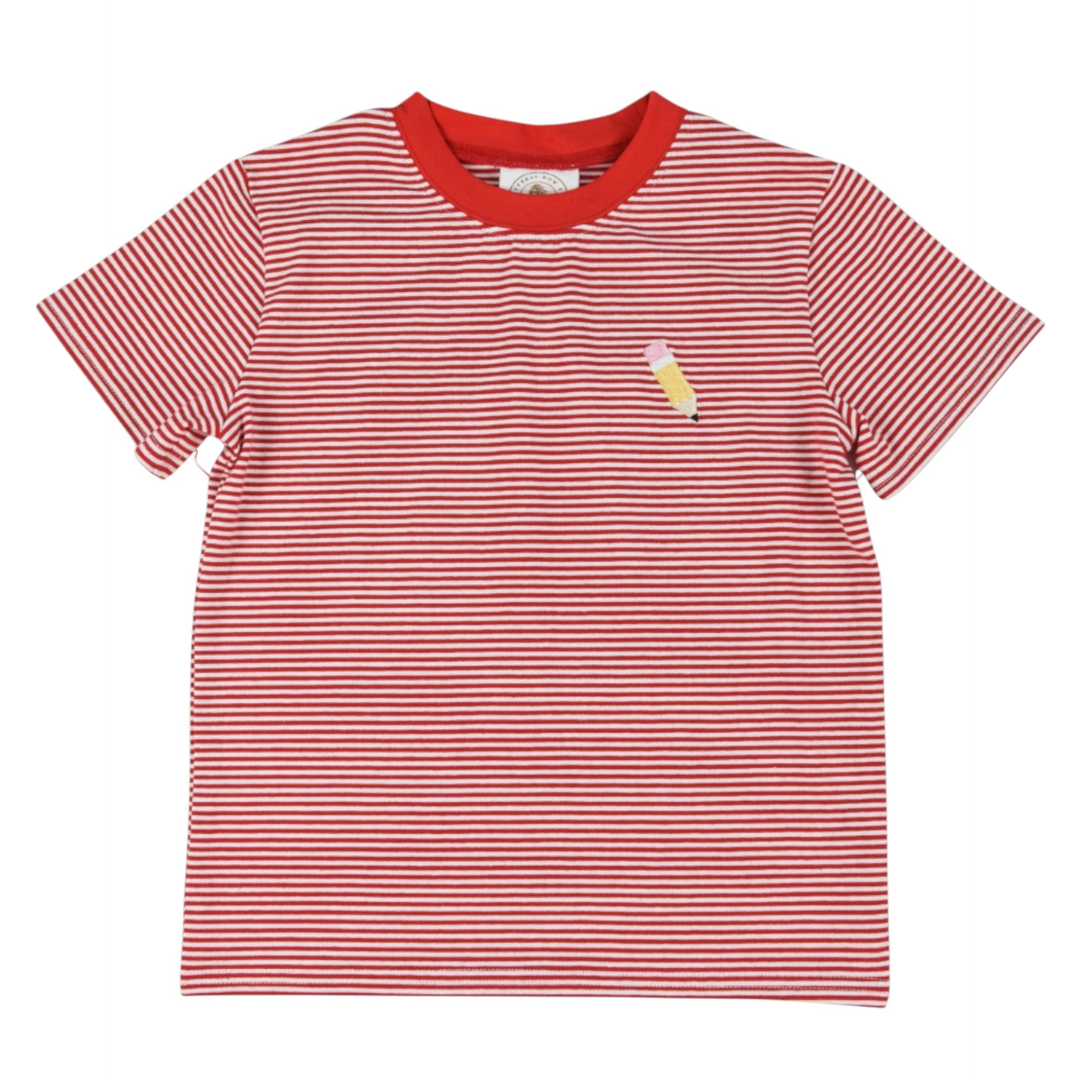 That Store boys red and white striped cotton t-shirt with a small embroidered pencil detail on the chest.