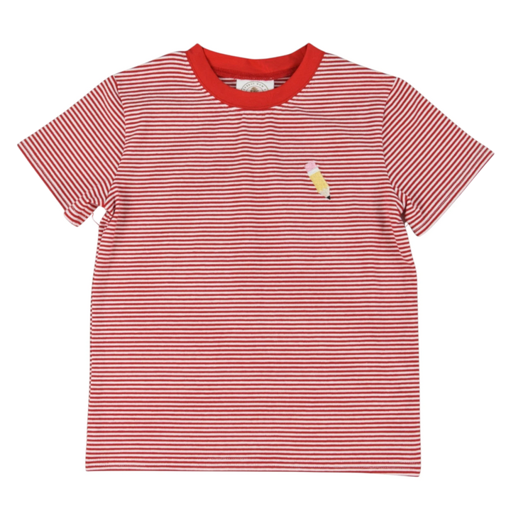 That Store boys red and white striped cotton t-shirt with a small embroidered pencil detail on the chest.