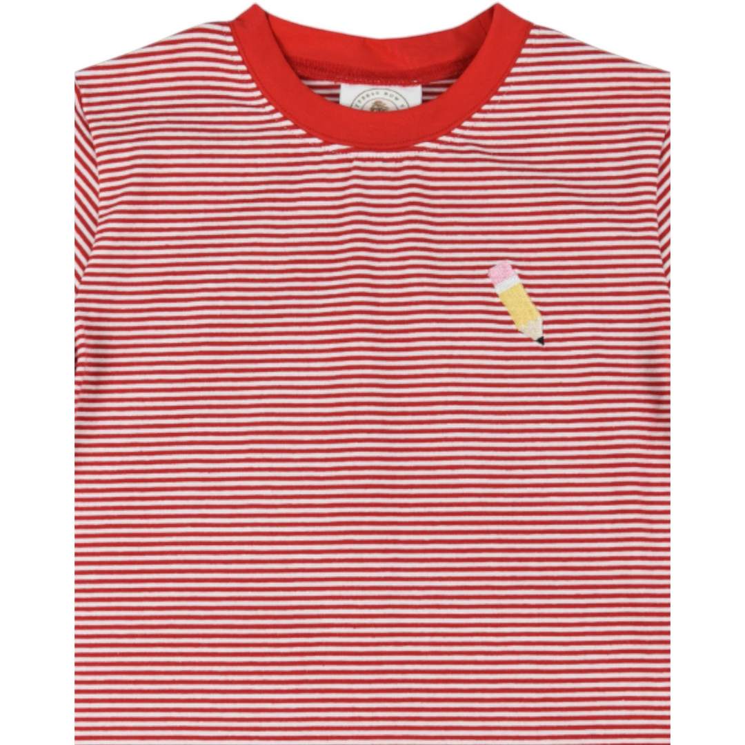 That Store red and white striped cotton boys t-shirt with a small embroidered pencil detail on the chest.