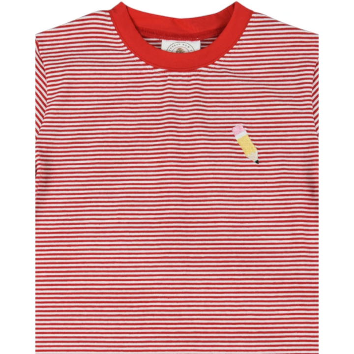 That Store red and white striped cotton boys t-shirt with a small embroidered pencil detail on the chest.
