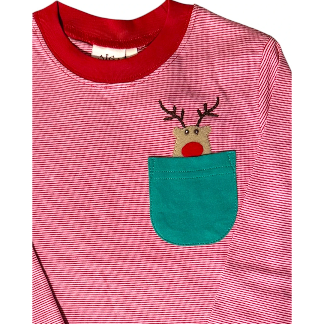 That Store boys red striped long sleeve tee with a green pocket and a felt Rudolph reindeer applique