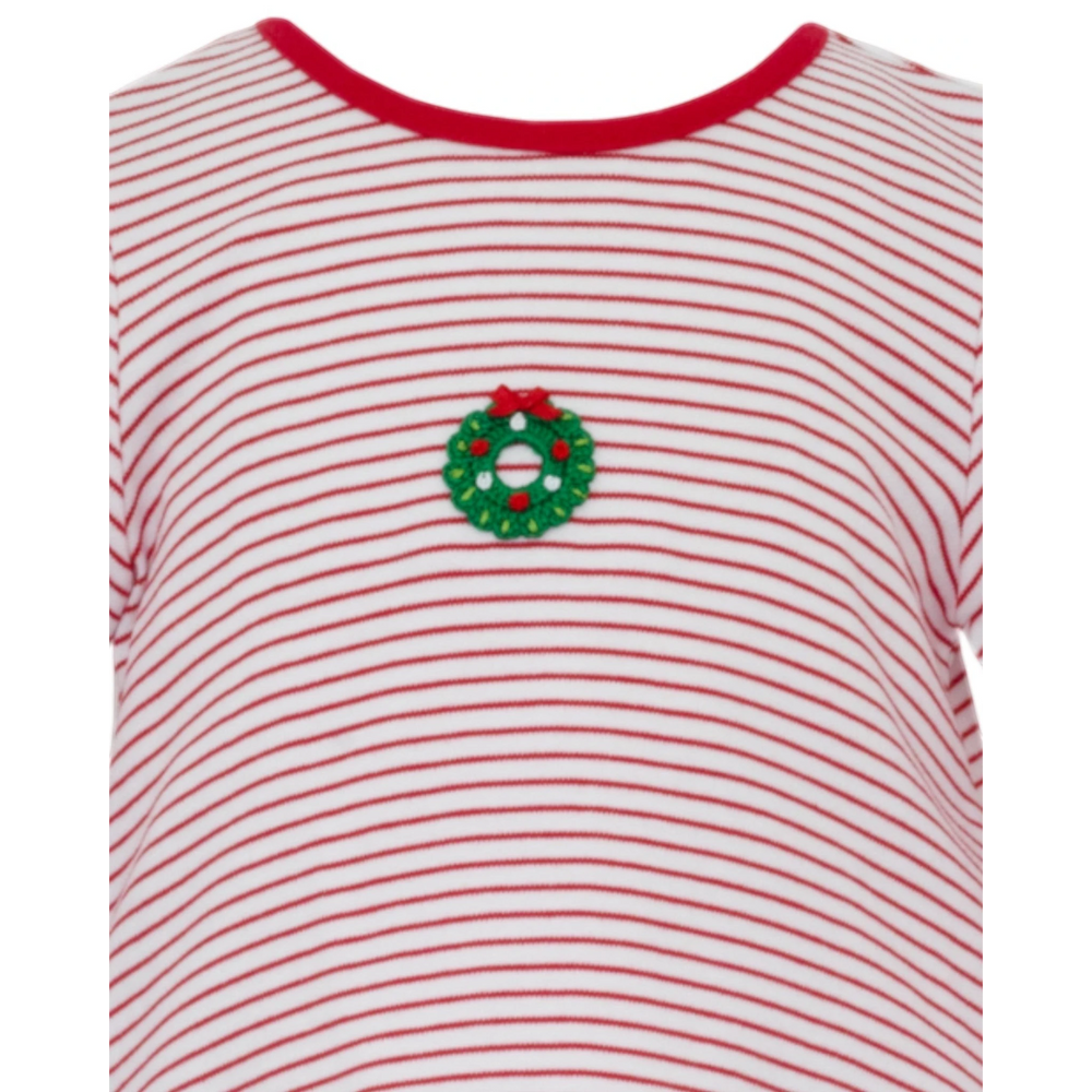 That Store girls tunic featuring a red and white striped pattern with a small crocheted Christmas wreath detail