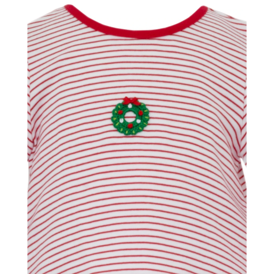 That Store girls tunic featuring a red and white striped pattern with a small crocheted Christmas wreath detail
