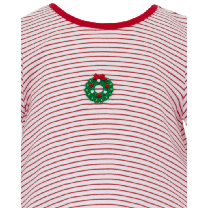 That Store girls tunic featuring a red and white striped pattern with a small crocheted Christmas wreath detail