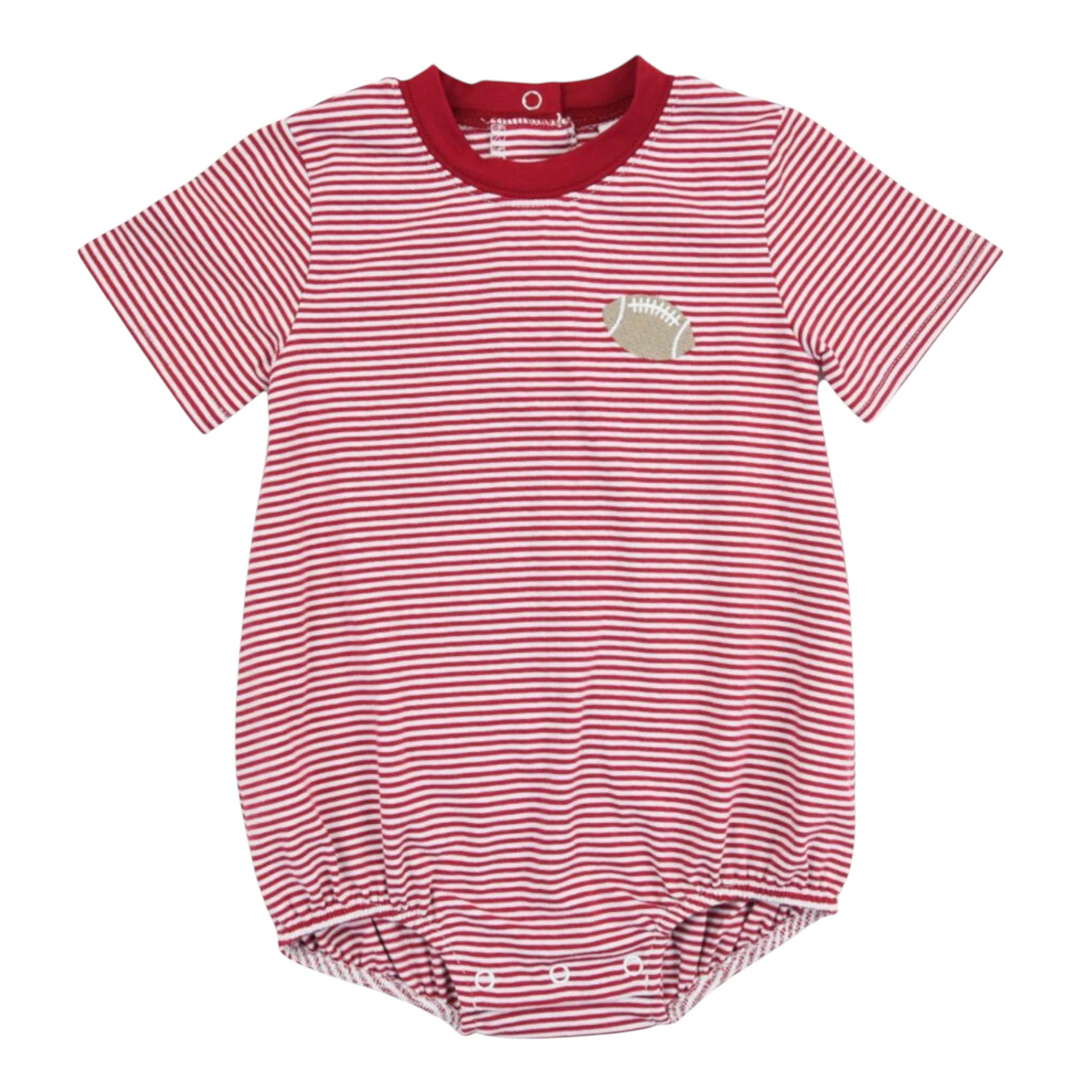That Store boys dark red and white striped bubble romper featuring a small football embroidery on the chest