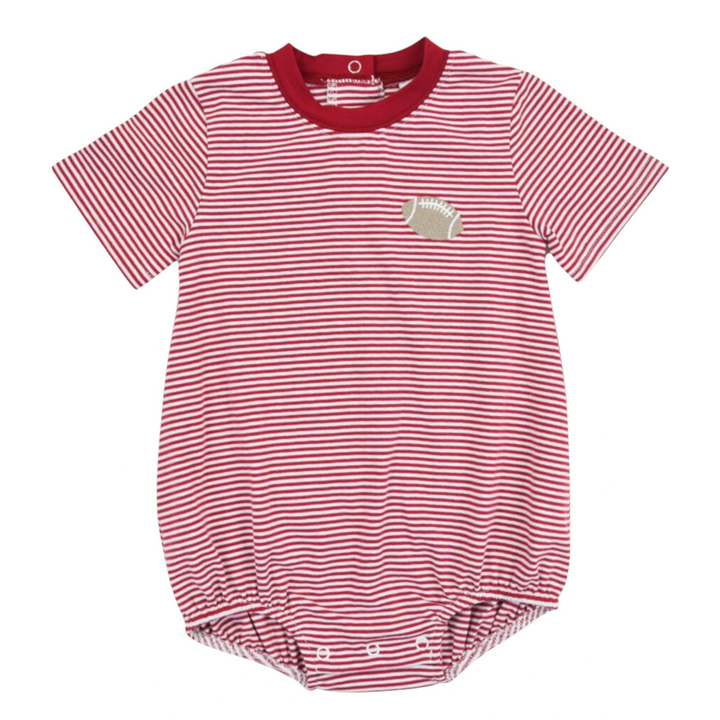 That Store boys dark red and white striped bubble romper featuring a small football embroidery on the chest