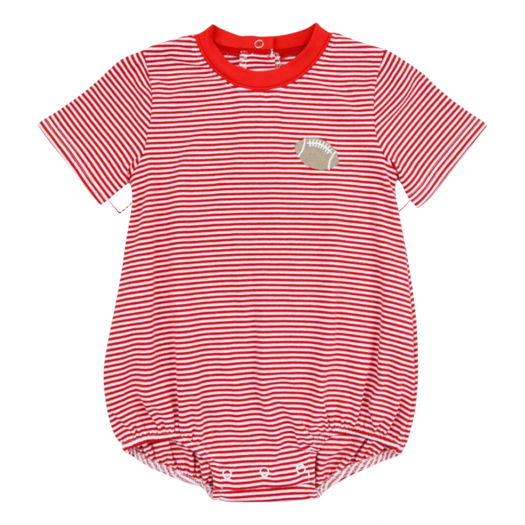 That Store red and white striped boys football bubble romper with a small embroidered football patch on the chest.
