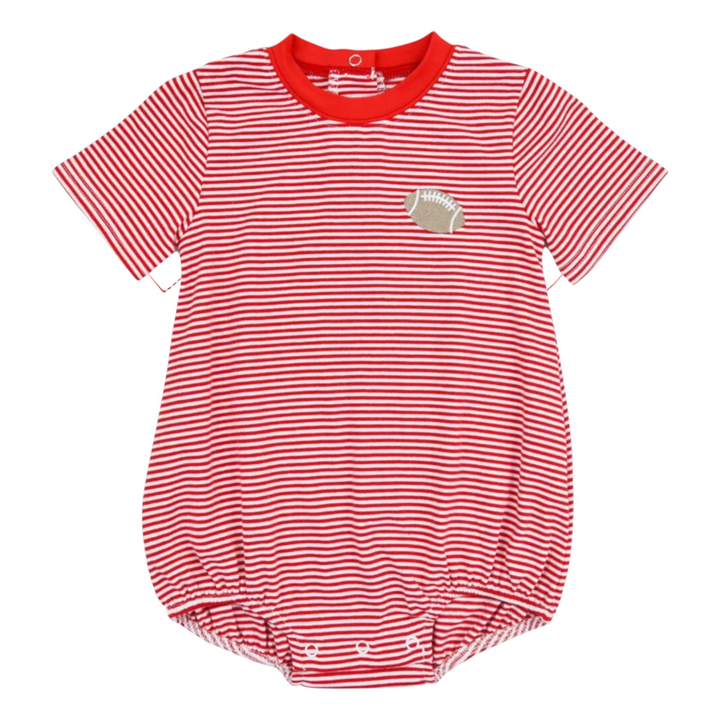 That Store red and white striped boys football bubble romper with a small embroidered football patch on the chest.