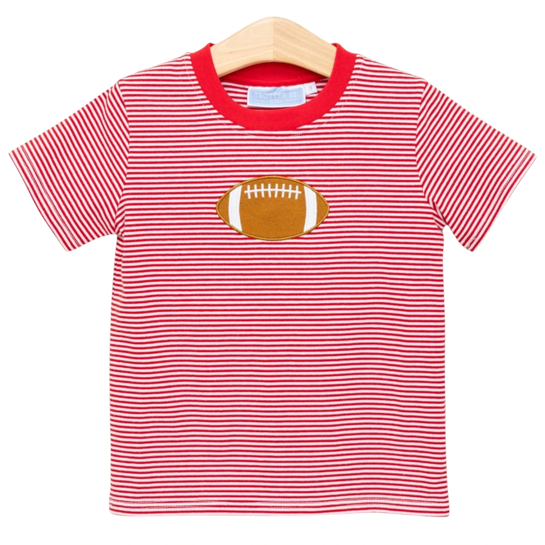 That Store boys red and white striped cotton tee featuring a brown football applique on the chest.