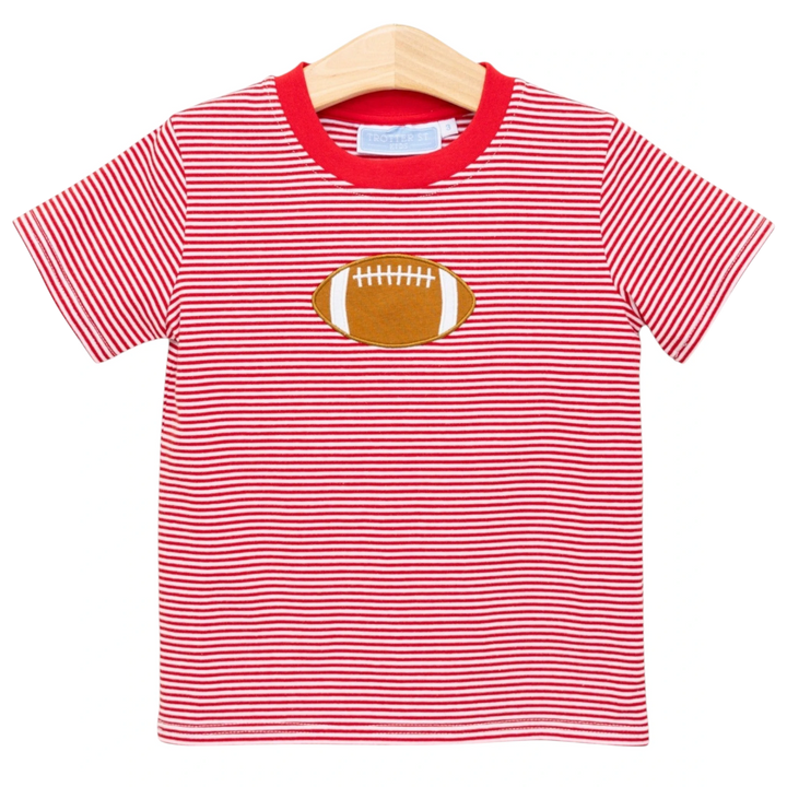 That Store boys red and white striped cotton tee featuring a brown football applique on the chest.