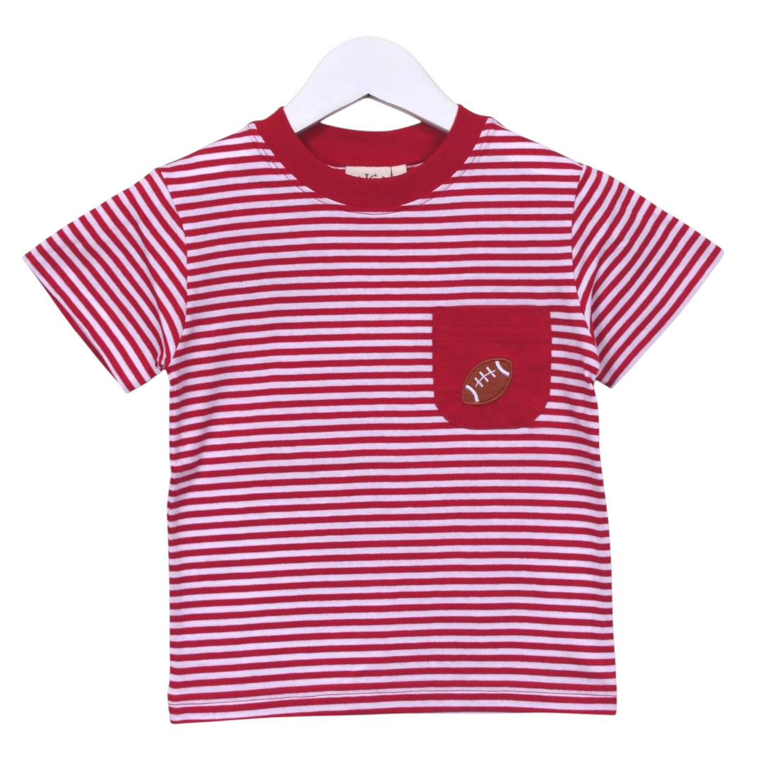 That Store red and white striped cotton t-shirt for boys featuring a small football applique on the chest pocket.