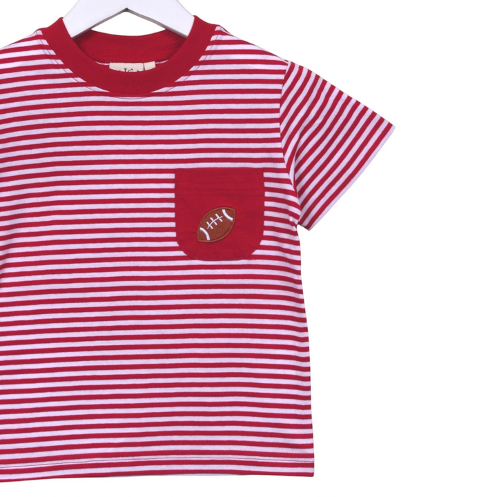 That Store red and white striped cotton t-shirt with a chest pocket featuring a football applique for young fans.