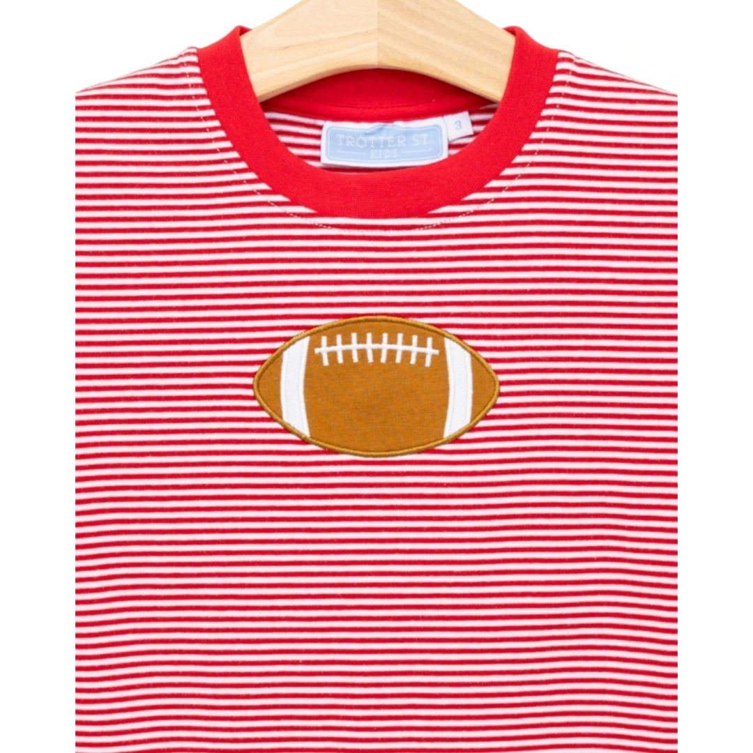 That Store boys red and white striped cotton tee with a brown football applique on the chest