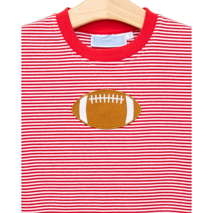 That Store boys red and white striped cotton tee with a brown football applique on the chest