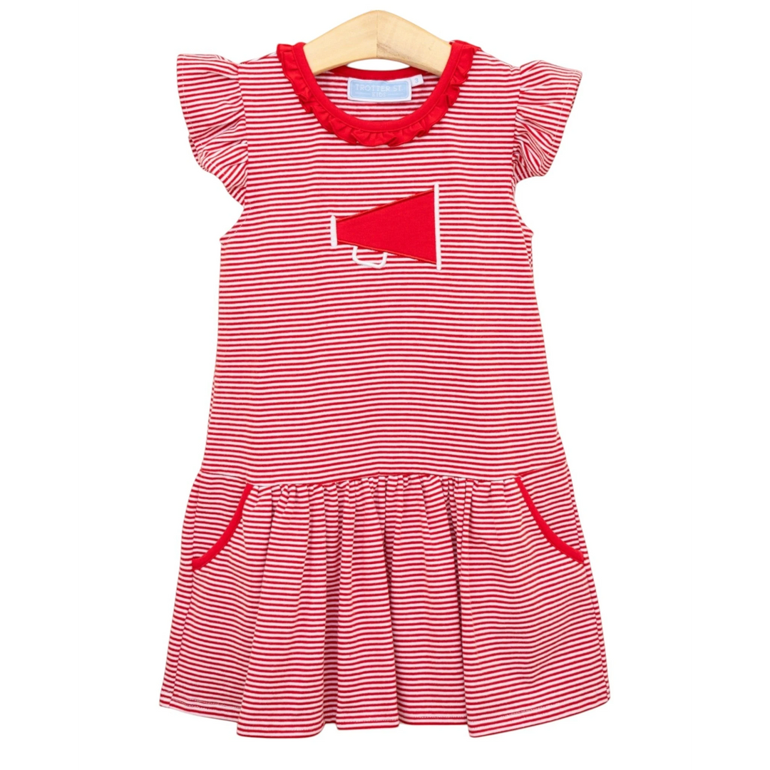 That Store red and white striped cotton dress with a megaphone applique and ruffled sleeves for girls