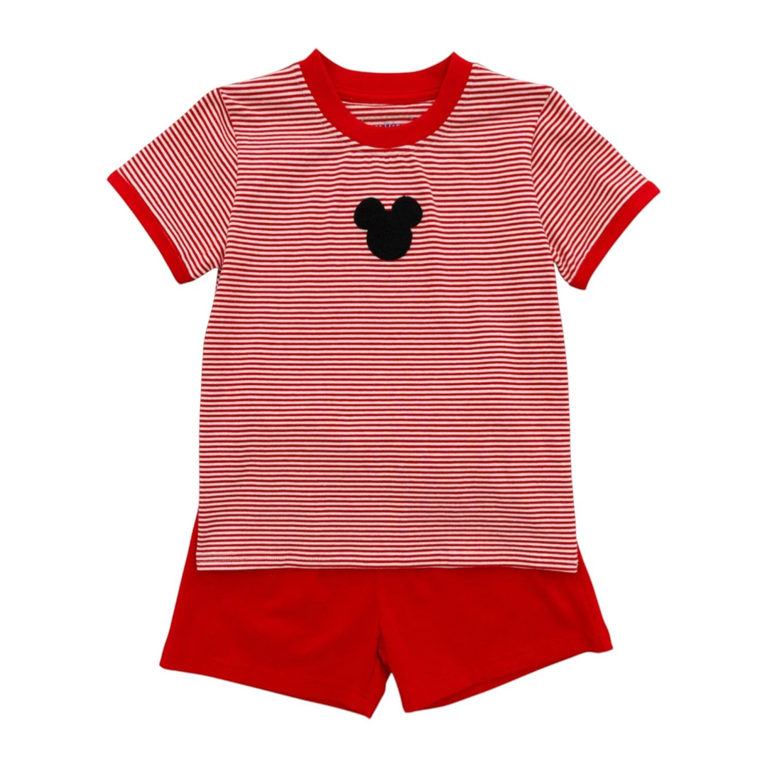 That Store red and white striped short set with a black mouse applique on the cotton-spandex t-shirt