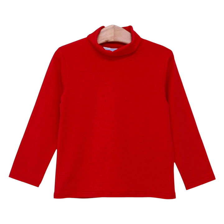 That Store red Taylor turtleneck long-sleeve shirt for children on a wooden hanger