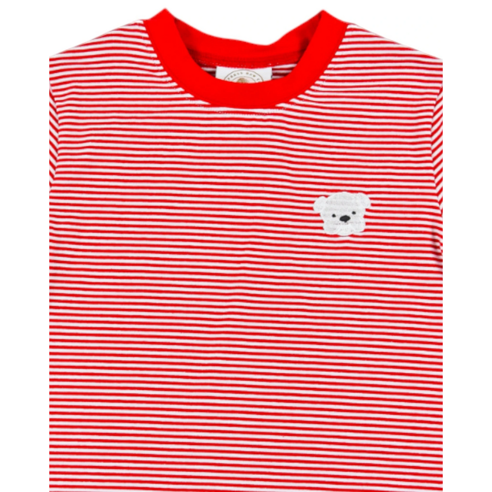 That Store boys crew tee in red and white stripes with an embroidered bulldawg logo on the chest.