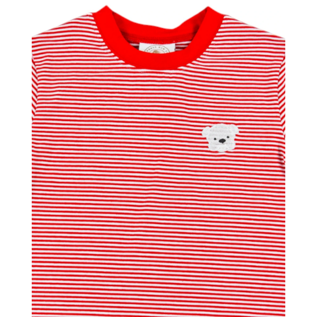 That Store boys crew tee in red and white stripes with an embroidered bulldawg logo on the chest.