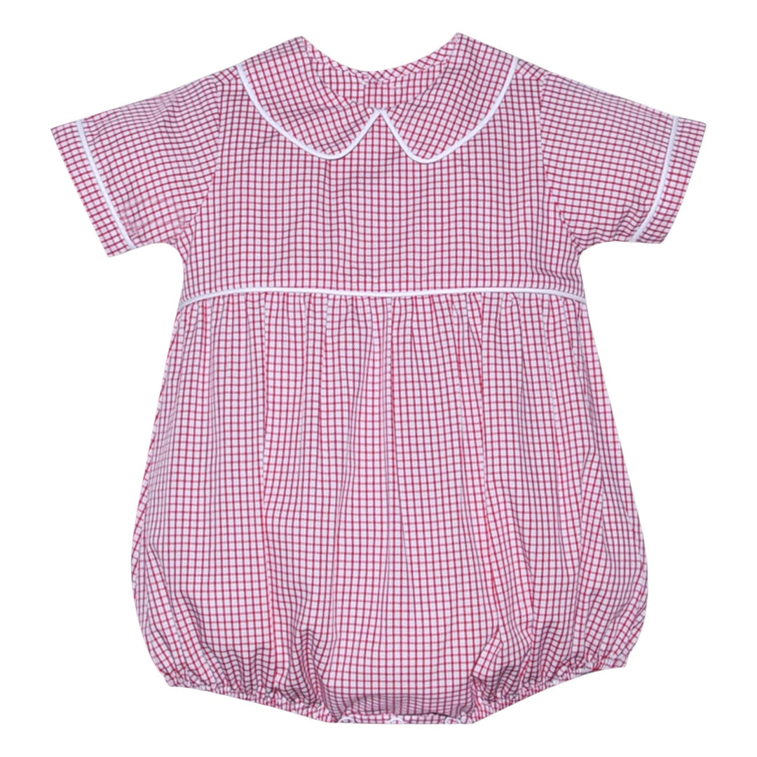 That Store Tate red and white windowpane check baby bubble romper with Peter Pan collar and white piping detail.