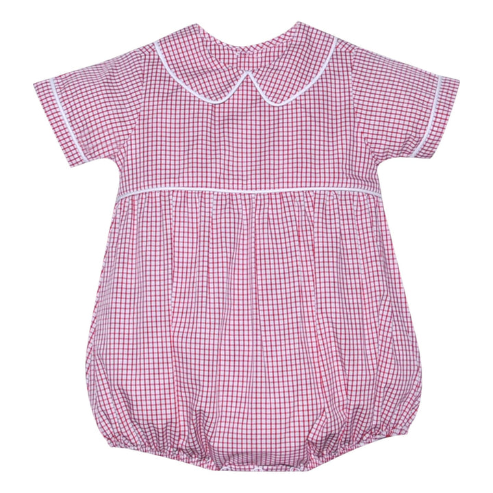 That Store Tate red and white windowpane check baby bubble romper with Peter Pan collar and white piping detail.